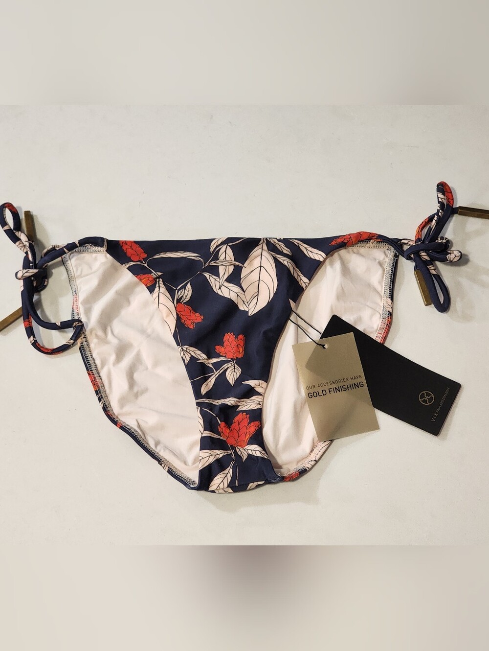 NEW VIX PAULA HERMANNY SZ M Floral Tie-Side Bikini Bottom - Navy with Red Floral